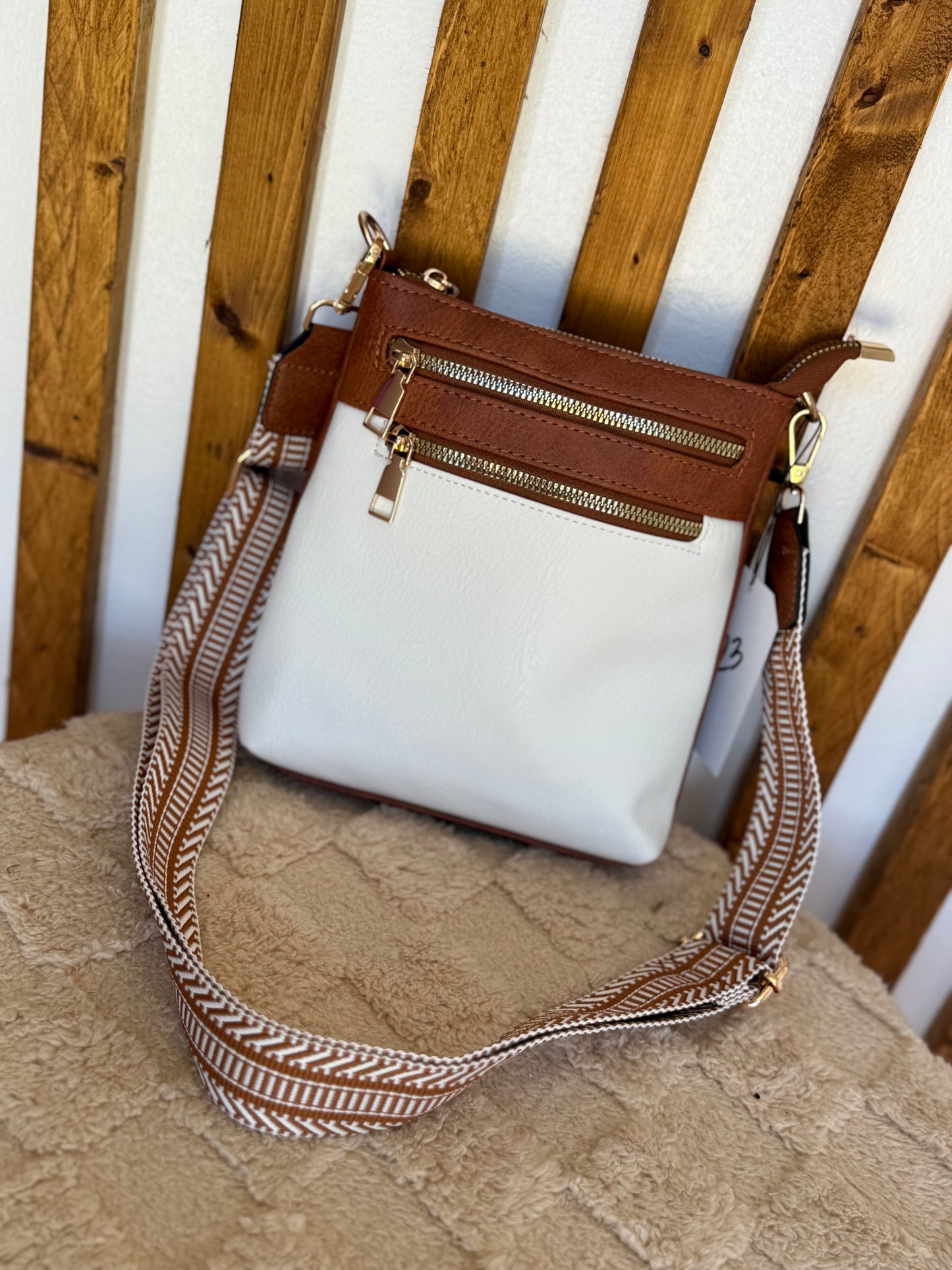 White & Brown Faux Leather Crossbody Purse