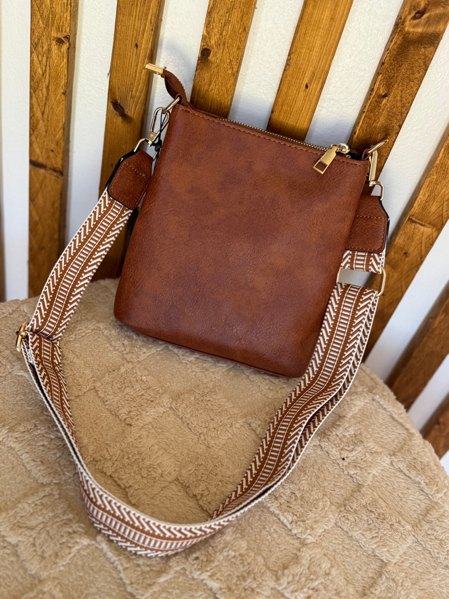 White & Brown Faux Leather Crossbody Purse